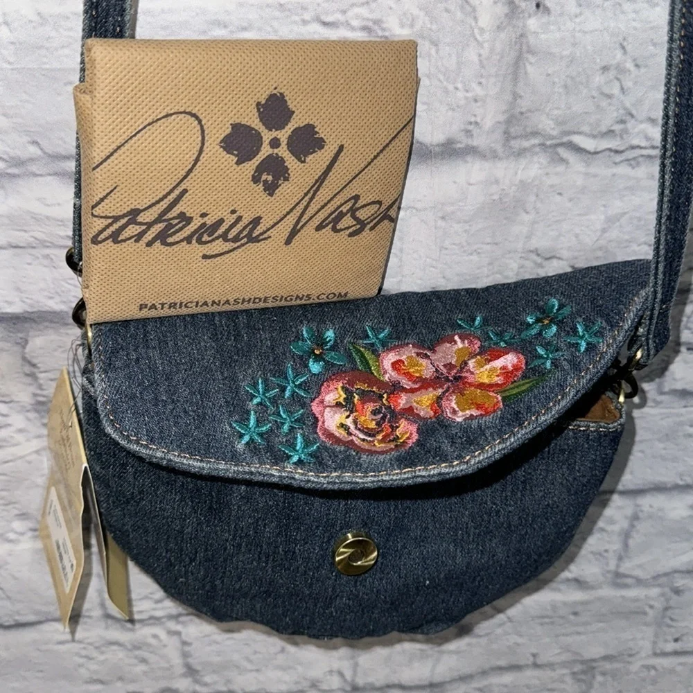 Patricia Nash Granada Boho Floral Denim Embroidered Crossbody Bag Casual Purse